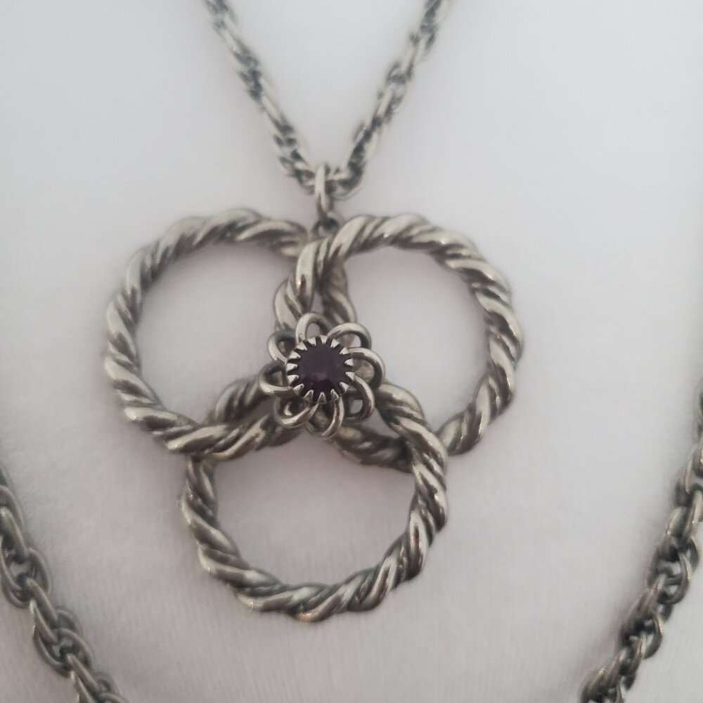 Entwined Rope Circles Trinity Knot Necklace on Double Chain Centre Purple Stone